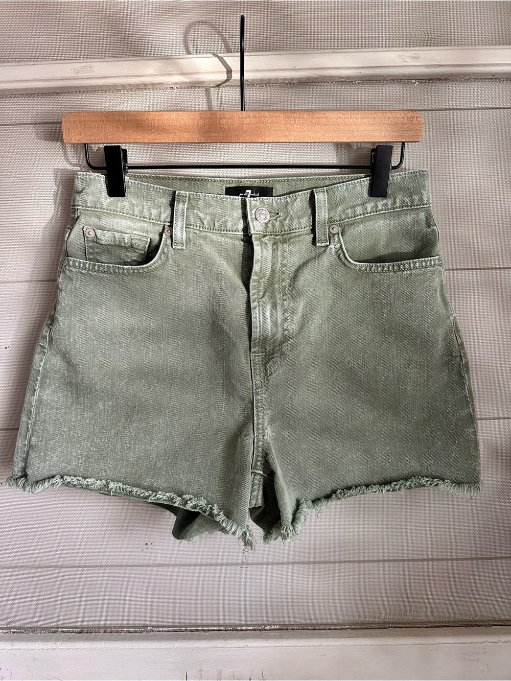 7 For All Mankind Sage Green High-Rise Denim Shorts